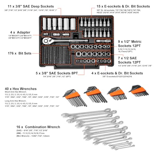 VEVOR Mechanics Tool Set and Socket Set, 1/4" 3/8" 1/2" Drive, 450 PCS - size: 450-PCS