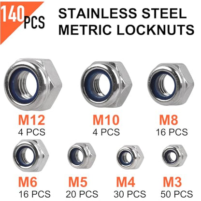Locknuts Assortment Kit - M3 M4 M5 M6 M8 M10 M12 Metric Nylon Insert Lock Nuts Set,140PCS Lock Nuts,304 Stainless Steel - size: Assorted Metric(140PCS), style: Metric