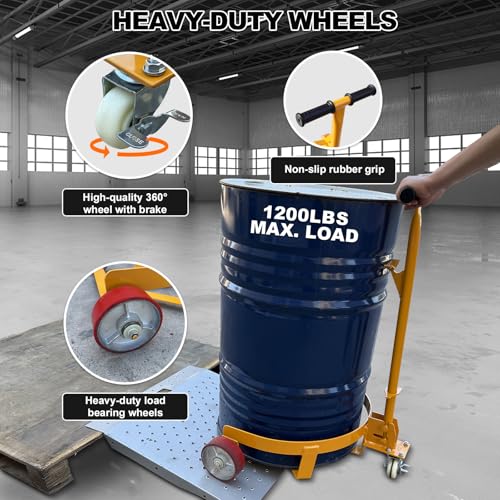 55 Gallon Drum Dolly Heavy Duty, 1200 lbs Capacity Barrel Cart with Adjustable Handle & Locking Caster, Low Profile Steel Drum Truck for Industrial, Warehouse, Workshop Use-Yellow