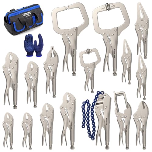 16PCS Locking Pliers Set, Carbon Steel, Fast Release, Curved Jaw, Long Nose, Straight Jaw, U-Shaped,Pinch Off,C-clamp, Chain Clamp, Sheet Metal Clamp w/Multifunction Oxford Tool Bag - size: Locking Pliers Set (16-Piece)