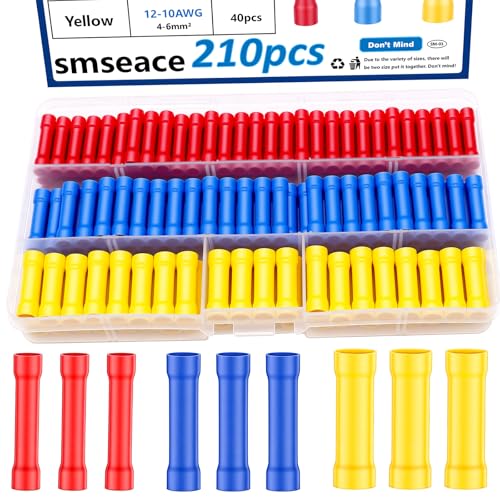 smseace 210 Pcs Butt Splice Connectors Kit 22-10AWG Butt Wire Connectors Assorted Butt Splice Crimp Connectors Wiring Straight Crimps Terminals for 22,20,18,16,14,12,10 Gauge Wires - size: 210Pcs