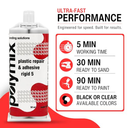 Polymix Rigid 5 Minute Plastic Repair Adhesive Kit – 3 x 50ml Cartridges, 12 Mixing Tips & Dispensing Gun – Fast Set Automotive Multipurpose Bonding Repair