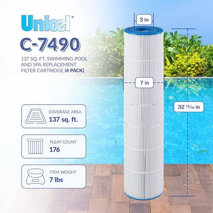 Unicel C-7490 137 Square Foot Media Replacement Pool Filter Cartridge with 176 Pleats, Compatible with Hayward Pool Products (4 Pack)