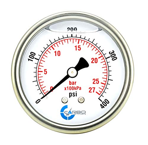 2" Pressure Gauge, Stainless Steel Case, Chrome Plated Brass Connection, Liquid Filled, 0-400 psi/kPa, Back Mount 1/4" NPT