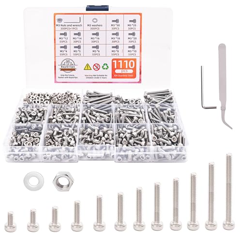 1110-Piece M3 Stainless Steel Socket Head Screw & Nut Kit – Hex Drive Cap Screws (4-30mm) with Allen Wrench & Curved Tweezer – Metric Machine Screw Assortment Set - size: 1110 pieces M3