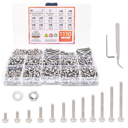 1110-Piece M3 Stainless Steel Socket Head Screw & Nut Kit – Hex Drive Cap Screws (4-30mm) with Allen Wrench & Curved Tweezer – Metric Machine Screw Assortment Set - size: 1110 pieces M3