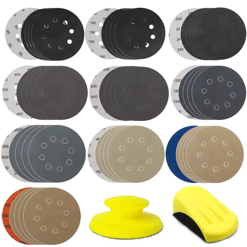 50pcs Sandpaper 8 Hole 5 inch Sanding Discs Hook and Loop 60/180/240/400/800/1200/2500/4000/7000/10000 Grits with Hand Sander for Automotive Metal Polishing