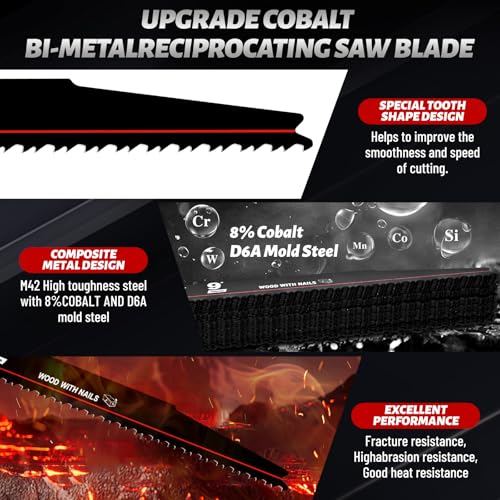 25 Pack 9 in 6/12TPI Reciprocating Saw Blades for Sawzall Blades Nail-Embedded Wood Cutting,M42 Steel Cobalt Bi-Metal Blades Replace for Milwaukee for Dewalt for Diablo for Sawzall Blade - size: 9 inch, style: 6/12 TPI Set