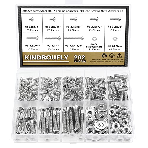 202 Pieces #8-32x 1/4", 5/16", 3/8", 1/2", 5/8", 3/4", 1", 1-1/4", Phillips Countersunk Head Machine Screws Nuts Washers Assortment Kit, 304 Stainless Steel, Fully Machine Thread - size: #8-32