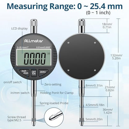 Digital Dial Indicator DTI,0-1in Range,0.0005in/0.01mm Resolution,LCD - color: Black