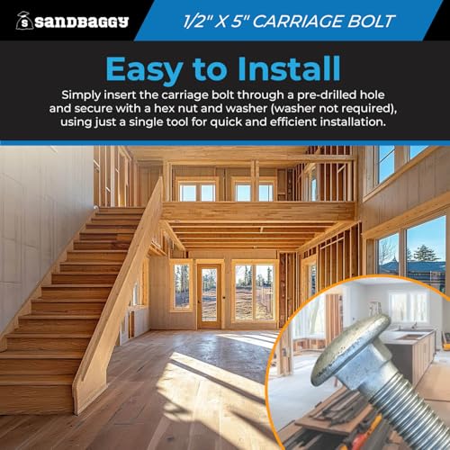 Sandbaggy 1/2” x 5” Galvanized Carriage Bolts for Wood - Round Head - ACQ Approved, Compatible with Pressure Treated Wood (175, 1/2” x 5” (Galvanized))