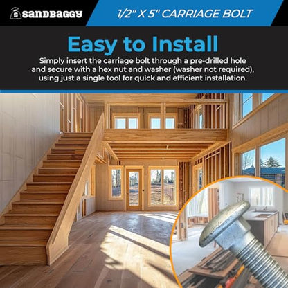 Sandbaggy 1/2” x 5” Galvanized Carriage Bolts for Wood - Round Head - ACQ Approved, Compatible with Pressure Treated Wood (175, 1/2” x 5” (Galvanized))