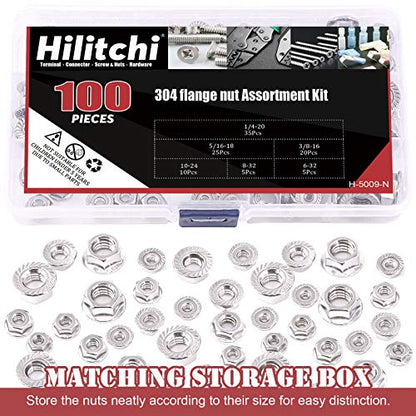 Hilitchi 100Pcs 304 Stainless Steel Serrated Flange SAE Hex Lock Nuts 1/4-20 5/16-18 3/8-16 10-24 8-32 6-32 Bright Finish Hex Flange Nuts Assortment Kit - size: 100Pcs SAE Hex Flange Nuts