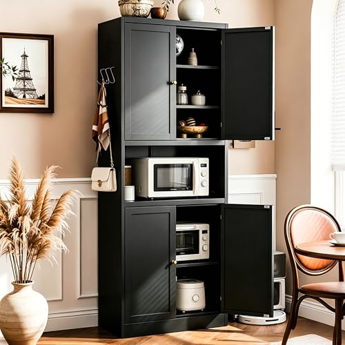 AQY Metal Pantry Cabinet, 72" Black Kitchen Storage Cabinet with Doors - color: Black, style: H72" - 4 Doors Wire Hole Hooks & Vents