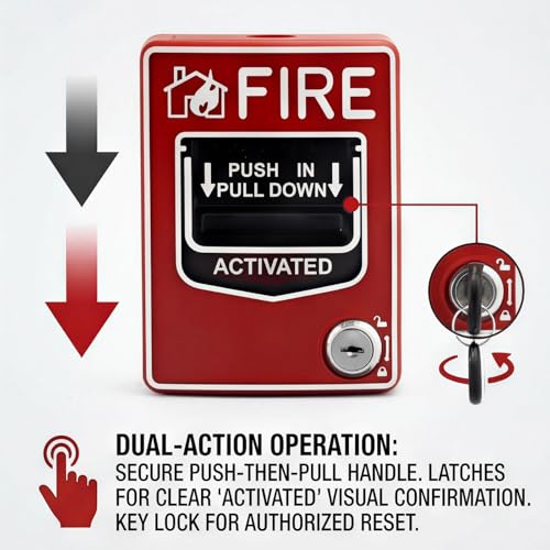 Manual Pull Station Fire Alarm, Emergency Alarm Station with Key, Dual Action Manual Call Point Fire Alarm Panic Button, Wired 9-28VDC Compatible for Alarm Siren or Panel, Includes 2 Keys