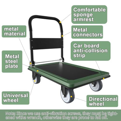 WUD Push Cart, Folding Mobile Platform Trolley,Thickened and Reinforced, 360° Swivel Wheels,35.4 “L x 23.6 ”W, 1100 lb. Green Dolly cart with Wheels