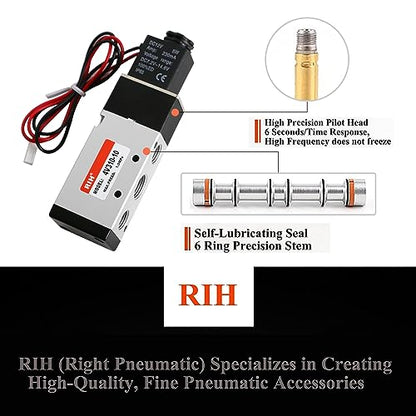 RIH Pneumatics Solenoid Valve 4V310-10 12V/24V/110V Series Single Coil Pilot-Operated Electric 2 Position 5 Way Connection Type (DC12V/Out of line, 3/8"NPT) - size: DC12V/Out of line, style: 3/8"NPT