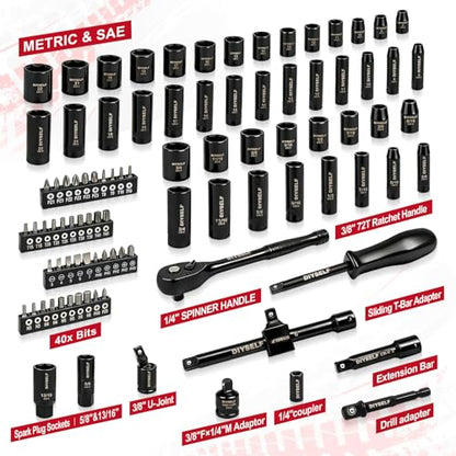 DIYSELF 95PCS 3/8" Drive Socket Set, 6-Point Metric & SAE Impact Socket Set