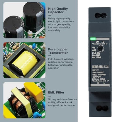 DIN Rail Power Supply, 15W 24VDC 0.63A Switching Power Supply with Overload Protection and Stable DC Output (HDR-15-24)