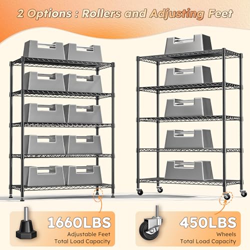 REIBII 5-Tier Storage Shelves 1660LBS Wire Shelving Unit with Wheels - color: Black, size: 73"H x 35"W x 15"D 5 Tier