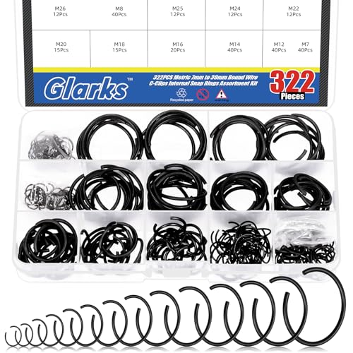 Glarks 322pcs GB895.1 65Mn Metric 14 Sizes 7MM to 30MM Round Wire C-Clips Internal Snap Rings Assortment Kit Round Wire Snap Rings Retaining Rings Classic Circlip for Hole