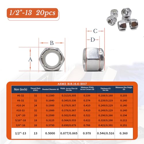 1/2"-13 Nylon Insert Lock Nuts 20pcs SAE 304 Stainless Steel Nylon Locknuts Hex Lock Nuts Reusable Anti-Loose Corrosion-Resistant for DIY Home Automotive Industrial - size: 1/2"-13 20pcs
