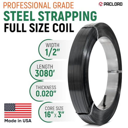 1/2" x 3080' Heavy-Duty Steel Strapping, 0.020" Thick, 1180 Lbs Break Strength, 16" x 3" Core - Pallet Metal Banding with Superior Cut-Resistance - Approved for UPS, Railroad Shipments - size: 1 Coil (UPS Box)
