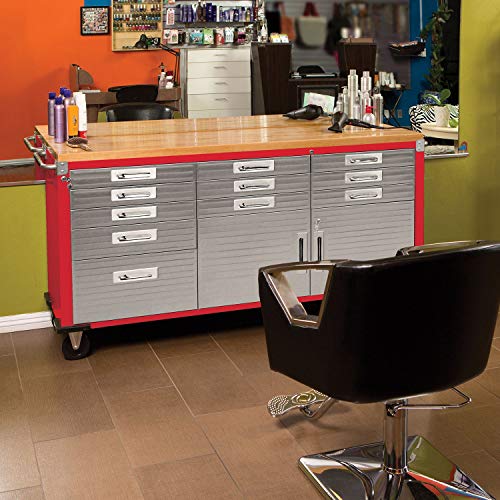 Seville Classics UltraHD Heavy Duty Rolling Cabinet Workbench Table w/Solid Wood Top, Workstation for Garage, Warehouse, Office, Workshop, 77" W x 20" D x 37.5" H, Red, 11-Drawer - color: Red, size: 11-Drawer