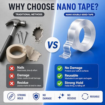 Double Sided Tape Heavy Duty, Nano Clear Mounting Tape, Picture Hanging Poster Carpet Tape for Walls, Dorm Office School Outdoor, Removable Adhesive【1 Rolls】（9.85FTx1.2in - size: 9.85 Feet