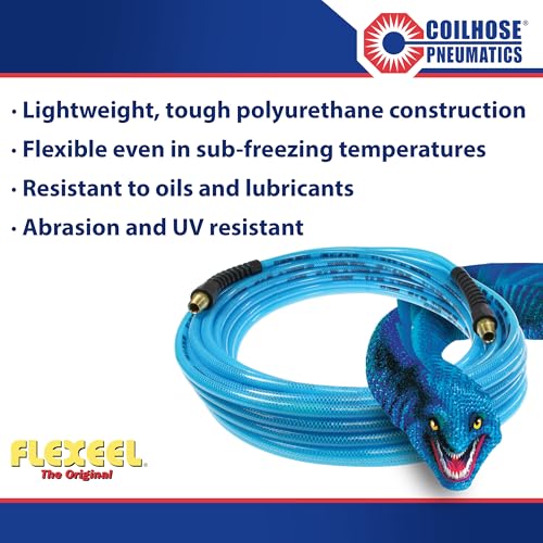 Coilhose Pneumatics PFE61004T Flexeel Reinforced Polyurethane Air Hose, 3/8-Inch ID, 100-Foot Length with (2) 1/4-Inch MPT Reusable Strain Relief Fittings, Transparent Blue - color: Transparent Blue, size: 3/8" X 100 Feet, 1/4" FTG