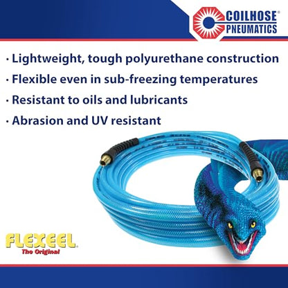 Coilhose Pneumatics PFE61004T Flexeel Reinforced Polyurethane Air Hose, 3/8-Inch ID, 100-Foot Length with (2) 1/4-Inch MPT Reusable Strain Relief Fittings, Transparent Blue - color: Transparent Blue, size: 3/8" X 100 Feet, 1/4" FTG