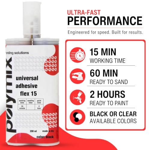 Polymix Universal Adhesive Flex 15 Multipurpose Plastic Repair and Adhesive 200ml Cartridge & Two Application Mixing Nozzles