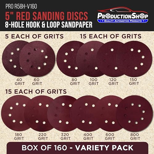 ProductionShop 5" Red 8-Hole Pattern Sanding Discs, 160 Disc Variety Pack, Grits 40, 60, 80, 100, 120, 150, 180, 220, 320, 400, 600, 800 - Hook & Loop Sandpaper, Random Orbital Sanders - Woodworking - style: Variety Pack 160