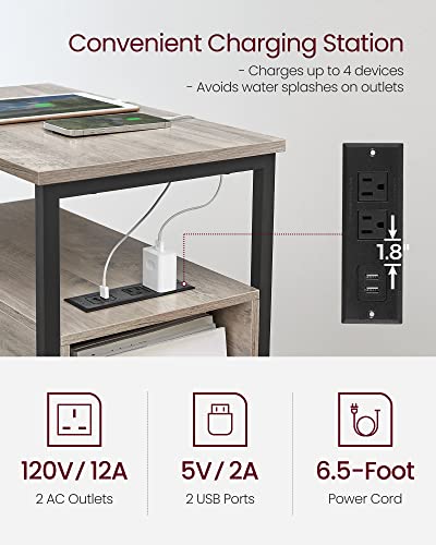 VASAGLE Side End Table with Charging Station, Slim Nightstand with Storage - color: Heather Greige + Ink Black, size: 23.6"D x 13.8"W