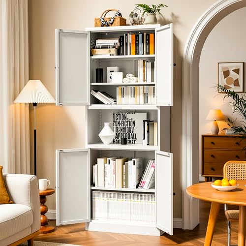 AQY Metal Pantry Cabinet, 72" White Kitchen Storage Cabinet with Doors - color: White, style: H72" - 4 Doors Wire Hole Hooks & Vents