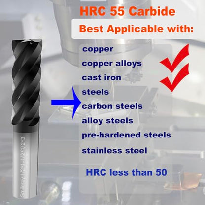 5pcs 3/16" Carbide Square End Mill for Steels, HRC 55 Deg, 4 Flute, AlTiN Coating End Mill Bits for Milling Alloy Steels, Hardened Steel, Metal & More - size: 3/16 inch