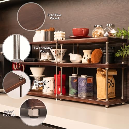 Solid Wood Coffee Bar Shelf/Rack for Countertop, 3 Tier, Walnut - color: Walnut Finish, size: 24MM Thick