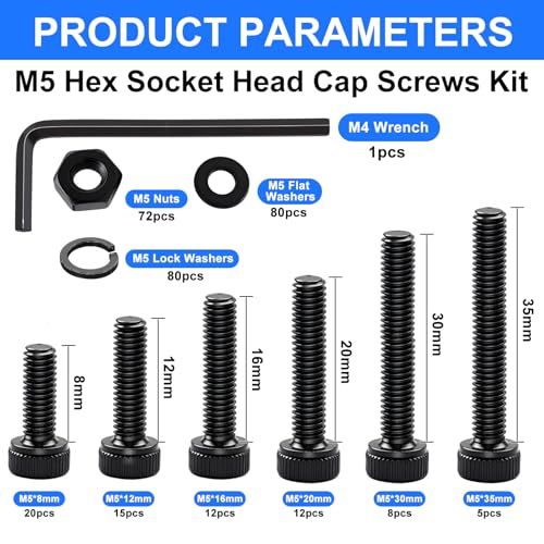 304PCS M5 Screws Kit with Nuts and Washers, M5x8/12/16/20/30/35mm - color: BK-M5 x 8-35mm