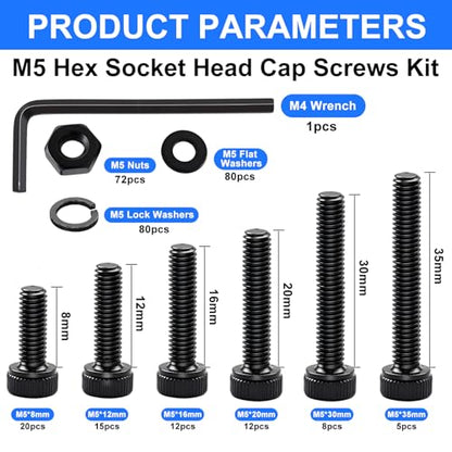 304PCS M5 Screws Kit with Nuts and Washers, M5x8/12/16/20/30/35mm - color: BK-M5 x 8-35mm