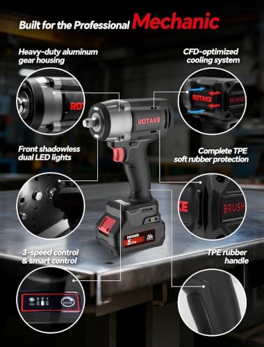 ROTAKE 20V Mid-Torque 1/2" Cordless Impact Wrench Kit, 880 FT-LBS, TB2 - size: 1/2" (880 ft-lbs) TB2