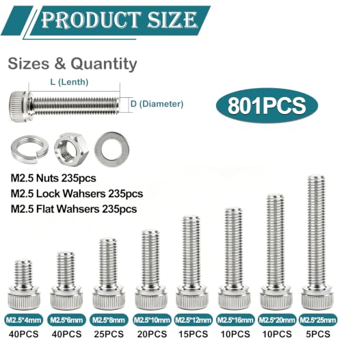 mxuteuk 801PCS M2.5 Screws Assortment Set,M2.5 x 4/6/8/10/12/16/20/25mm M2.5bolts，304 Stainless Steel Hex Socket Head Bolts Nuts Washers Set Suitable for 3D Printer,DIY - size: 801PCS M2.5