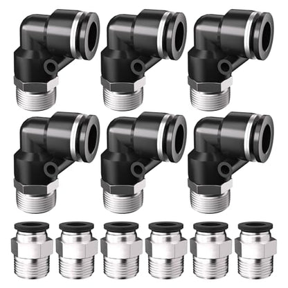 12PCS Pneumatic Elbow and Straight Combination 1/2 Inch Tube OD x 1/2 Inch NPT Thread Push to Connect Fittings