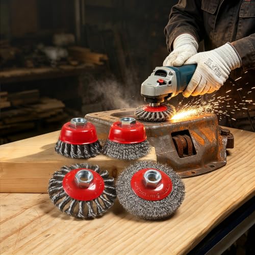 4 PCS 4.5" Grinder Wire Wheel, Knotted & Crimped Cup Wire Brush for Rust Paint Remover