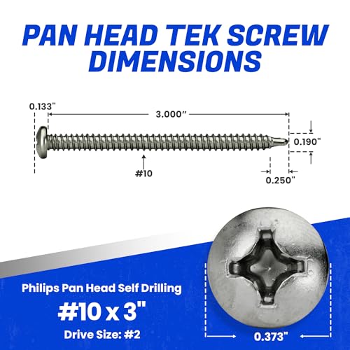 Fastenere Pan Head Self Drilling Tek Screws - #10 x 3 (25Pack) Stainless Steel 410, Full Thread, Bright Plain Finish, Corrosion-Resistant, Self-Drilling, Easy to Install w/Phillips Drive Size #2 - size: #10 x 3" (25 Pack)