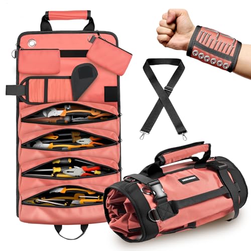 Tool Bag Roll Up Large Heavy Duty, Waterproof Oxford Fabric Tool Storage Organizer with Shoulder Strap Detachable Magnetic Wristband, Foldable Carrying Toolbag for Car Mechanic and Electrician(Pink) - color: Pink