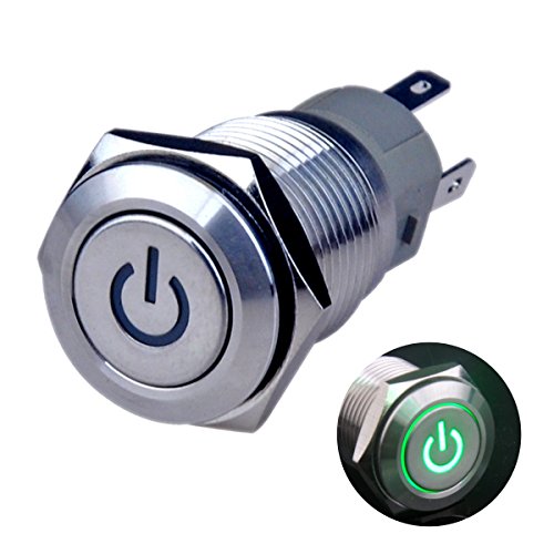 Latching Push Button Switch U16F5 1NO1NC SPDT ON/Off Silver Stainless Steel Shell with Green Power Symbol LED Suitable for 16mm 5/8" Mounting Hole (Green) - color: Silver with Green LED
