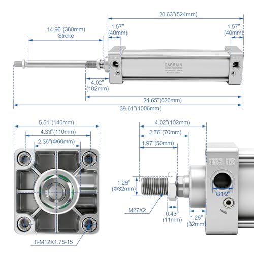 BAOMAIN Pneumatic Air Cylinder 5" Bore 15" Stroke SC125x380 - size: Stroke 14.96 inch(380mm)
