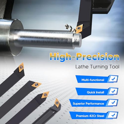 Indexable Lathe Turning Tools 14pcs Kit，1/2'' 12mm Shank - style: 4pcs 1/2" 12mm Shanks +10pcs Inserts