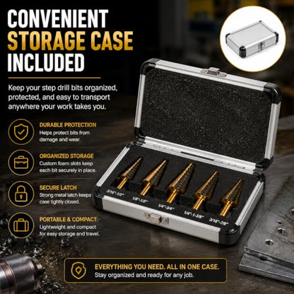 XtremepowerUS 5-Piece HSS Titanium Step Drill Bit Set, 50 Hole Sizes Multi-Size Unibit Drill Bits for Sheet Metal, Wood, Plastic & DIY Projects with Storage Case - size: 5 Pieces Set