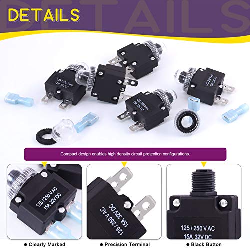 Swpeet 30Pcs 15Amp Thermal Circuit Breaker with Quick Connect Terminals and Waterproof Button Caps Assortment Kit,Waterproof Push Button Circuit Breaker 32V DC 125/250VAC 50/60Hz for Switch Operation - style: 15Amp